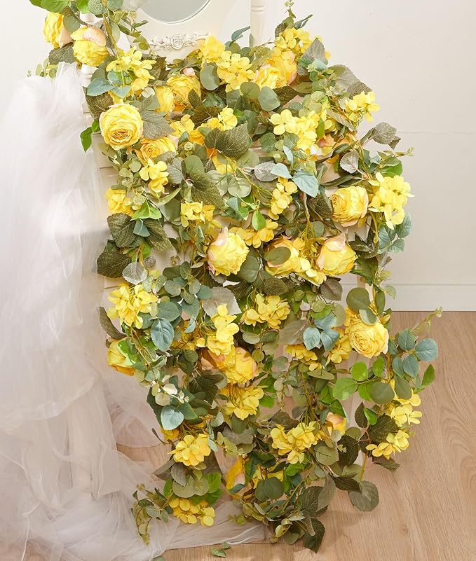 PONKING Flower Garland Artificial Rose & Hydrangea Vine Hanging Fake Flowers Vines for Wedding Birthday Party Valentines Christmas Room Wall Arch Decor, 1 Rose & 1 Hydrangea Yellow Floral Garland