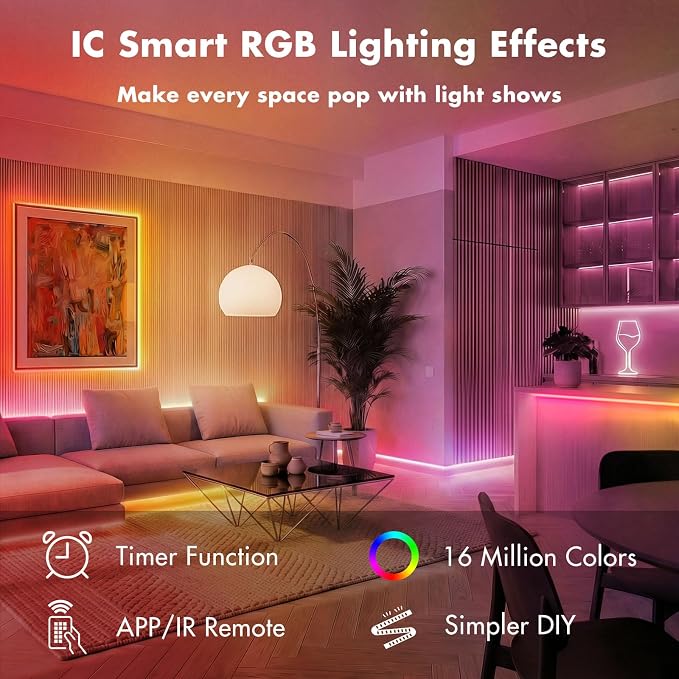 IC Smart RGB LED Strip Lights, 100FT LED Lights for Bedroom, App Control/Remote Control, Music Sync, DIY Design, Rainbow Chasing Effects, Strip Lights for Home, Party Decor