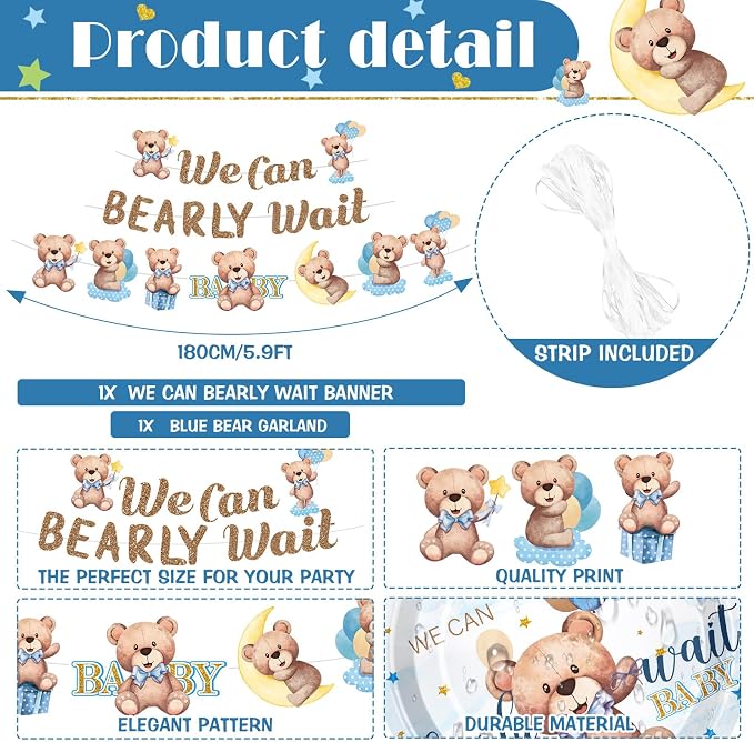 405 Pcs Blue Bear Baby Shower Decorations for Boy, We Can Bearly Wait Baby Shower Tableware Set Plates Napkins Cups Cutlery, Blue Bear Party Supplies with Tablecloth Banner, Serves 50 Guests