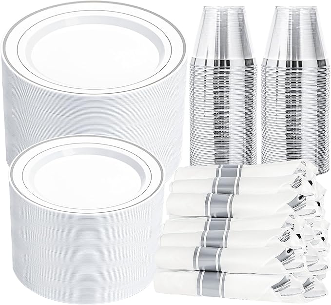 N9R 350PCS Silver Plastic Dinnerware Set for 50 Guests, Gold Disposable Plates for Party, Include:100 Plastic Plates, 50 Pre Rolled Napkins with Silverware and 50 Cups