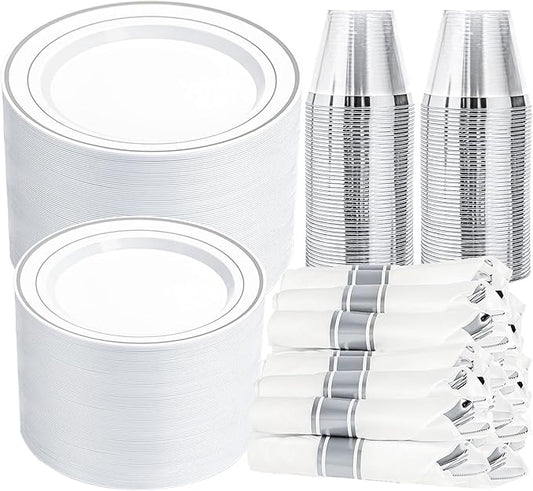 N9R 350PCS Silver Plastic Dinnerware Set for 50 Guests, Gold Disposable Plates for Party, Include:100 Plastic Plates, 50 Pre Rolled Napkins with Silverware and 50 Cups