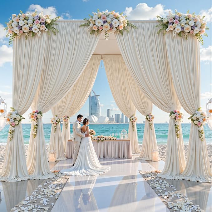 20ft x 15ft Beige Backdrop Curtains for Wedding Parties, 4 Panels Extra Long Wrinkle Free Fabric Drapes Photo Backdrop for Baby Shower Birthday Stage Reception Lobby Decoration