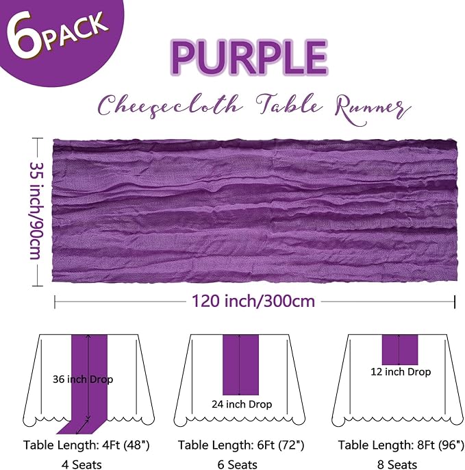 6 Pack Purple Cheesecloth Table Runner 10Ft Spring Gauze Cheese Cloth Table Runner 35x120 Inch Boho Sheer Rustic Fabric for Holiday Party Decor Baby Shower Wedding Decorations