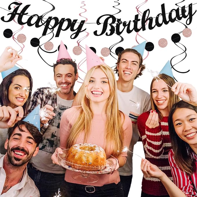 Blush-Pink Black Happy-Birthday Banner Party-Decorations - 31pcs 14th 40th Rose Gold Women Girls Paper Lanterns Streamers,Tissue Paper Flowers Pom Poms Fans Tassel Garland Sign Decor Backdrop Hugmoon
