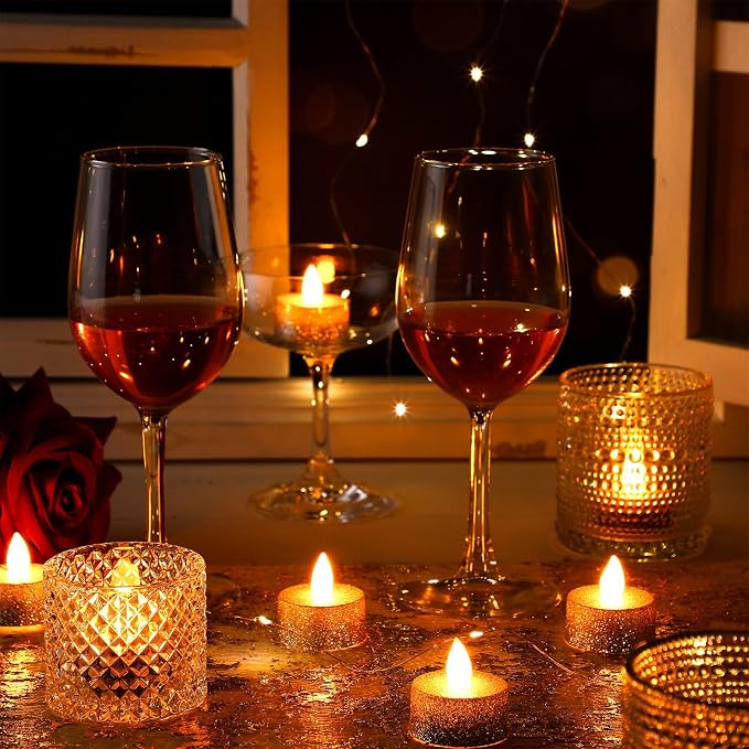 Retisee 48Pcs Flameless LED Tea Lights Glitter Electric Fake Candles for Centerpieces Battery Operated Anniversary Romantic Winter Decor for Wedding Christmas Birthday (Gold,Silver,1.65 Inch)