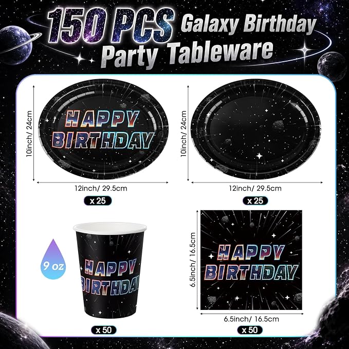 Vesici 150 Pcs Galaxy Birthday Oval Paper Plates and Napkins Set, 10'' x 12'' Large Space Tableware Galaxy Disposable Paper Plate Napkin Cup Set Space Party Supplies for Birthday Party Supplies Decor