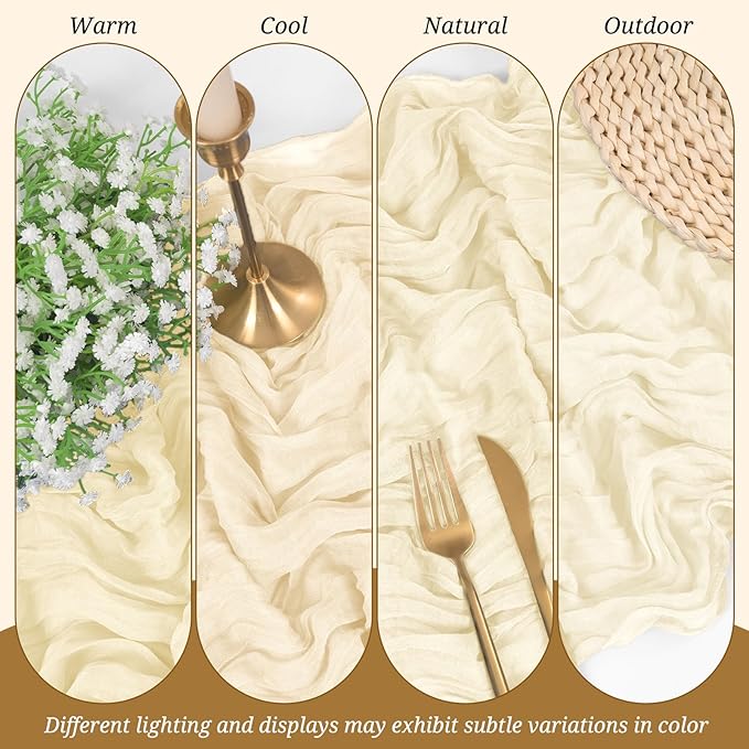 Ivory Cheesecloth Table Runner 6 Pack 10FT - Boho Gauze Sheer Rustic Crinkled Table Runners for Wedding Party Baby Shower Bridal Decor