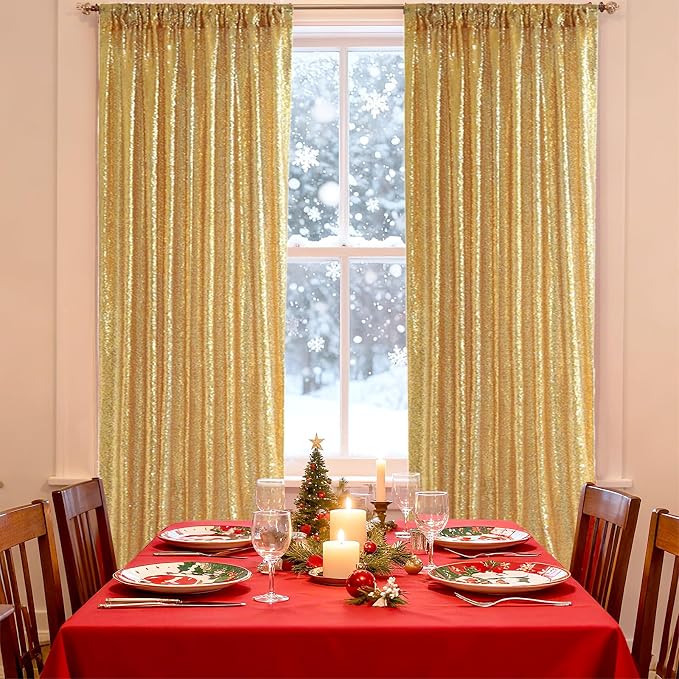 SquarePie 2 PCS 2x8ft Gold Sequin Backdrop Curtains, Satin-Backed Shimmering Photo Booth Background, 2 Panels Narrow Real Sequin Drapes with 4" Rod Pocket for Party, Baby Shower, Doorway Decor