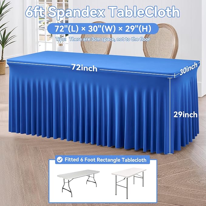 6 pk Royal Blue Spandex Tablecloths 8ft with Ruffle Table Skirt, Wrinkle Free Stretchy Fitted Tablecloth for 8 Foot Rectangle Tables, Elastic Spandex Table Covers 8ft for Party Wedding Banquet