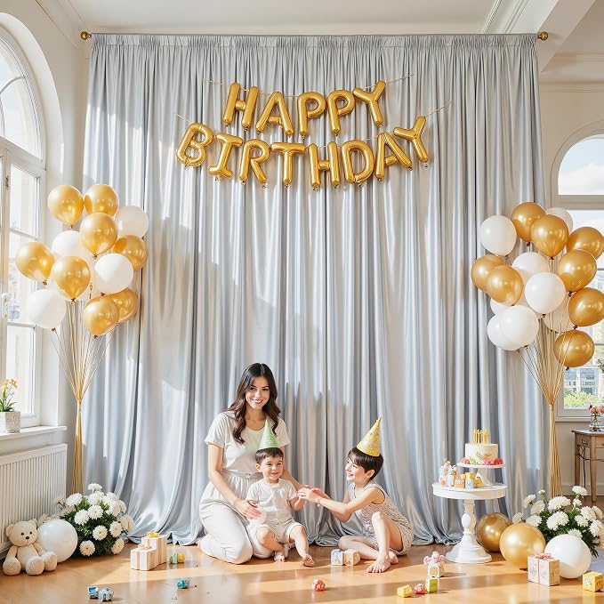 10x10ft Silver Glitter Backdrop Curtain for Parties, Wrinkle Free Satin Photo Backdrop Drapes 2 Panels 5x10FT Shimmer Back Drop Cloth for Wedding Birthday New Year Stage Photography Background Decor