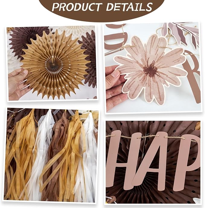 Brown Birthday Party Decorations for Women Neutral Boho Happy Banner Banner Brown Cream Honeycomb Paper Fans Hanging Tassel Garland Rustic Wedding Baby Shower Western Cowboy Party Supplies