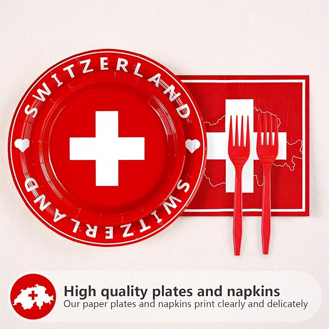 Grencian 96Pcs Switzerland Party Supplies Swiss Flag Plates and Napkins Disposable Switzerland Paper Plates Swiss National Day Decorations Tableware Kit for Football Events Travel, Cultural