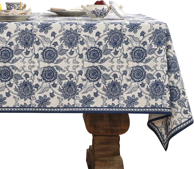 patdrea Elegant French Linen Tablecloth,Square,67"x67"-Lantang A | Vintage Elegant Table Cloth for Square Table,Blue and White Floral Print,for Dining Room Tea Party Thanksgiving