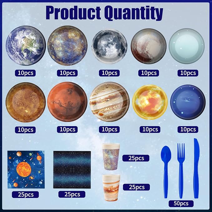 355pcs Space Birthday Decorations for 50 Guests Party Supplies Include Paper Plate, Napkin, Cup and Disposable Plastic Tableware