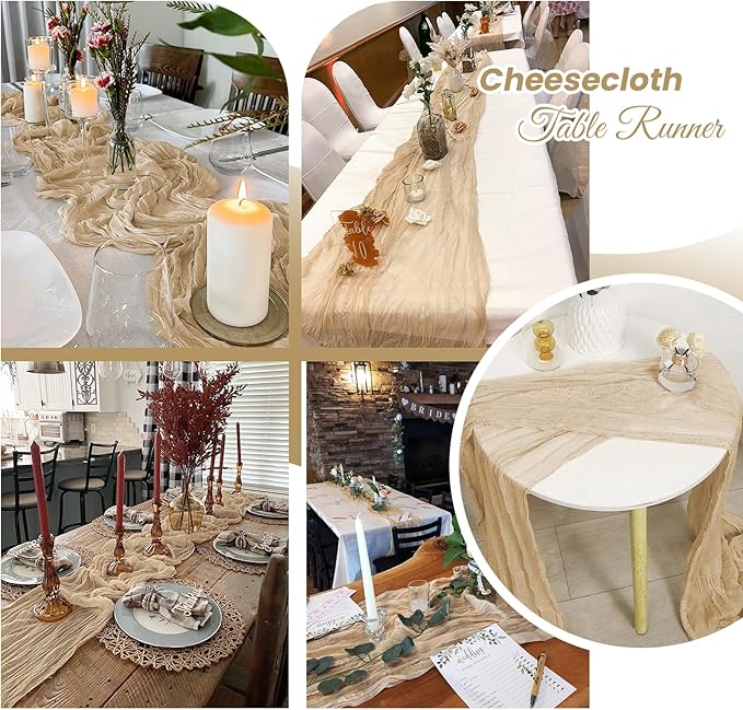 6 Pack Beige Cheesecloth Table Runner 20 x 120 inch Gauze Table Runners 10 FT Long,Semi Sheer Boho Cheese Cloth Fabric Table Runner Bulk for Party,Wedding,Baby Shower,Bridal Shower Decoration