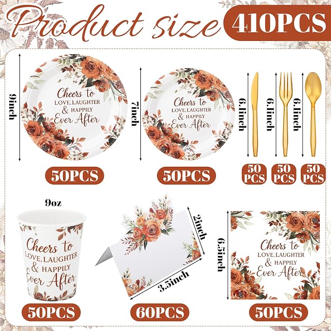 Shellwei 410 Pcs Terracotta Floral Wedding Decorations Fall Paper Plates and Napkins Set Disposable Party Tableware Sets with Cups Knives Forks Spoons Seat Card Favors for 50 Guests