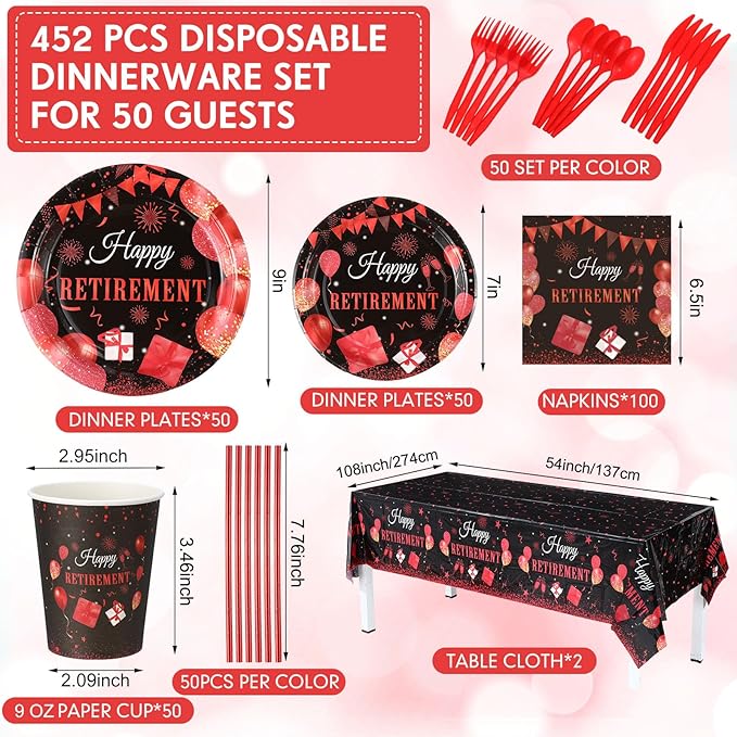 Funnymoom 452 Pcs Retirement Party Decorations Supplies Set Include Red Black Retirement Paper Plates Napkins Cups Tablecloth Cutlery Straws for Men Women Say Goodbye Party
