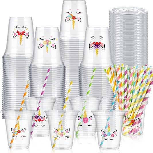 FoldTier 60 Set Unicorn Party Plastic Cups Bulk 14 oz Disposable Clear Cups with Lids and Paper Straws for Unicorn Birthday Party Supplies Favor Decorations