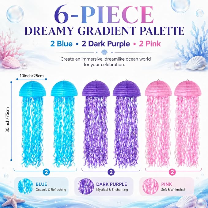 6-Pack Jellyfish Paper Lanterns, Pink Purple Blue Under The Sea Party Decorations, Mermaid Birthday Decorations for Girls, Ocean Themed Baby Shower, Pool & Beach Party Decor