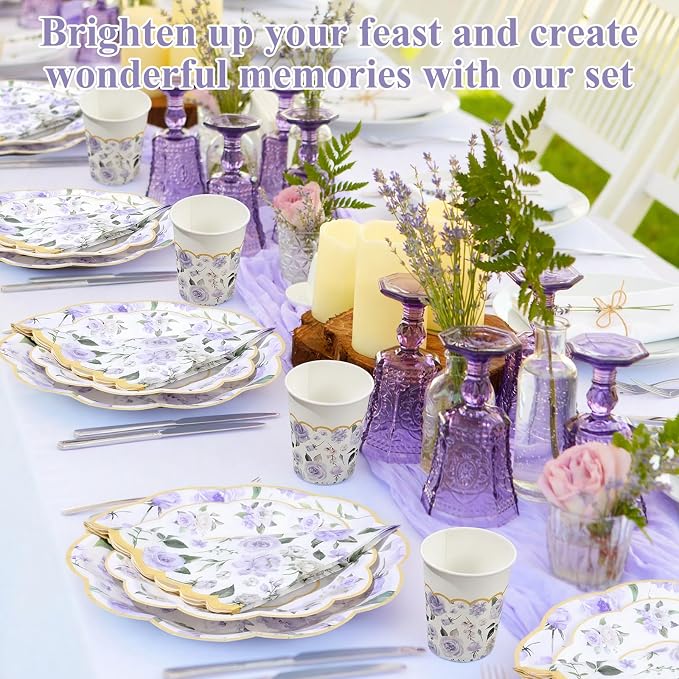 Funnymoom 250 Pcs Floral Party Decoration Flower Paper Plates Napkins and Cups Purple and Gold Floral Disposable Tableware Set for Bridal Shower Baby Shower Wedding Spring Tea Party Supplies Serves 50