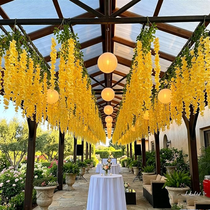 Artificial Wisteria Hanging Flowers Fake Wisteria Flower Garland Silk Vines Rattan Decor for Home Wedding Arch Wall Garden Greenery Bedroom Outdoor Office Party Decoration (24, Yellow)
