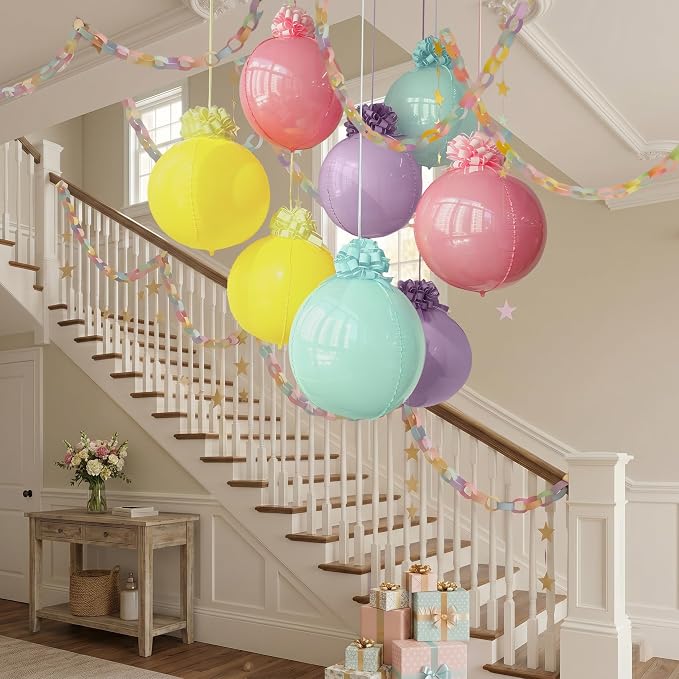 8pack Pastel Rainbow 4D Orb Ornament Balloons with 16 Pull Ribbon Gift Bows –Total 24pcs Macaron Decor Ceiling Hanging Balloon Set for Unicorn Birthday Baby Shower & Spring Tea Party Decor