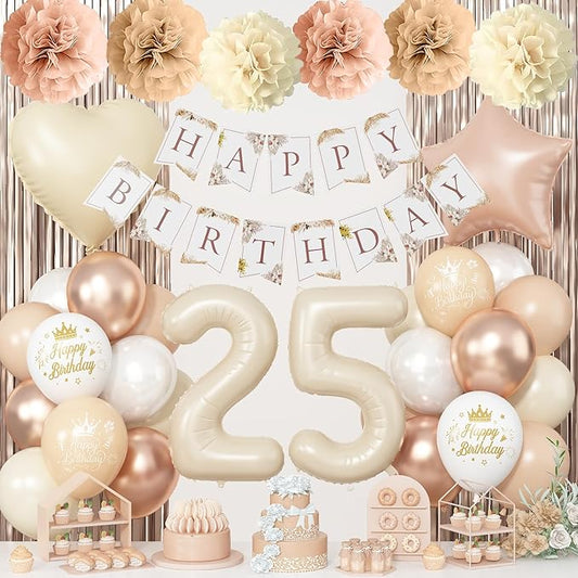 25th Beige Birthday Decorations for Women, Cream Foil Number Heart Tan Star Balloons Boho White Gold Nude Balloons with Neutral Happy Birthday Banner Fringe Curtain Tissue Paper Pom poms Party Decor
