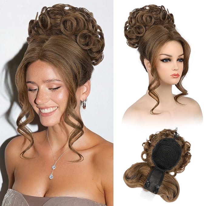 REECHO Messy Bun Hair Piece with Bangs - 2-in-1 Hair Bun Hairpieces Curly Updo Wig & Hair Topper with Long Side Bangs Natural-Looking Drawstring Ponytail Extension for Women - Chestnut Brown