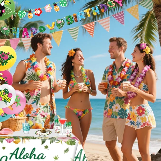 164Pcs Hawaii Themed Happy Birthday Party Decorations, Plates Napkins Cups Tableware, Tropical Aloha Backdrop Tablecloth, Happy Birthday Banner, Cake Topper, Colorful Printed Balloons for Kids Adults