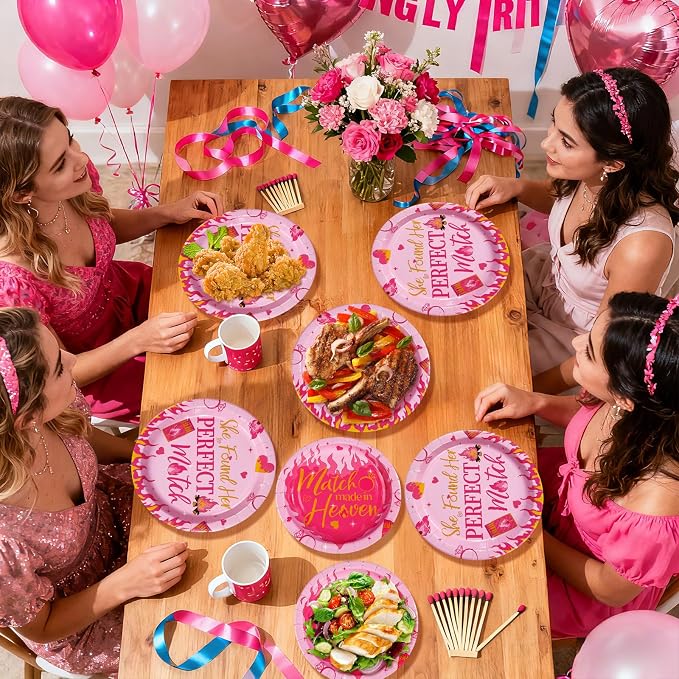 96Pcs Perfect Match Bachelorette Party Supplies She Found Her Perfect Match Plates and Napkins Hot Pink Matches Tableware Set for Bridal Shower Bachelorette Engagement Party Decor Serves 24