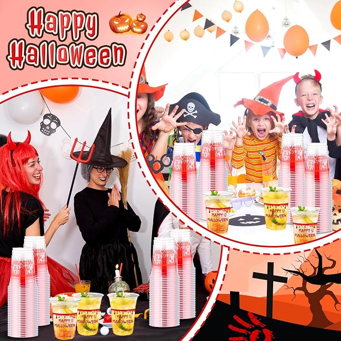 100 Pcs Halloween Plastic Cups 16 oz Clear Disposable Blood Print Halloween Cups Bulk for Trick or Treat Spooky Scary Party Supplies Decoration