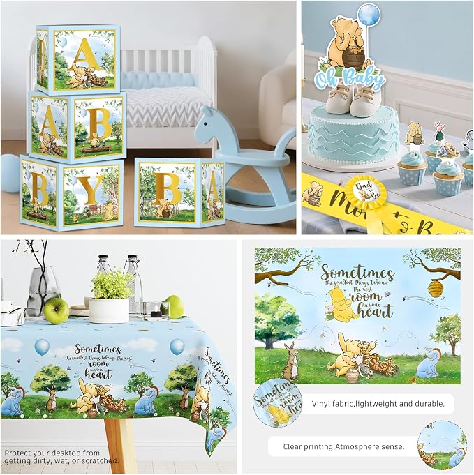 Classic Bear Baby Shower Decorations Boy, Blue Baby Shower Decorations Balloons and Baby Boxes, Backdrop, Dinnerware Set, Cake Toppers with Stand, Mom to Be Sash, Baby Shower Decor