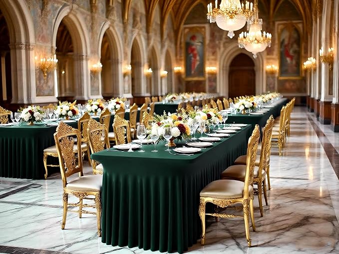 fani 6 Packs Emerald Green Stretch Table Skirts for 8 Foot Rectangle Table, Washable Spandex Stretch Tablecloths with Skirt, Wrinkle Resistant Fitted Tablecover for Wedding Party Banquet