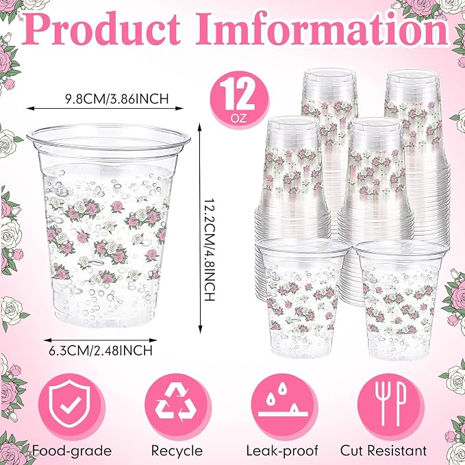 Funnymoom 60 Pack Pink Floral Plastic Cup 12 oz Disposable Clear Plastic Pink White Flower Drinking Cups Bulk for Wedding Bridal Baby Shower Birthday Tea Party Decoration Supplies