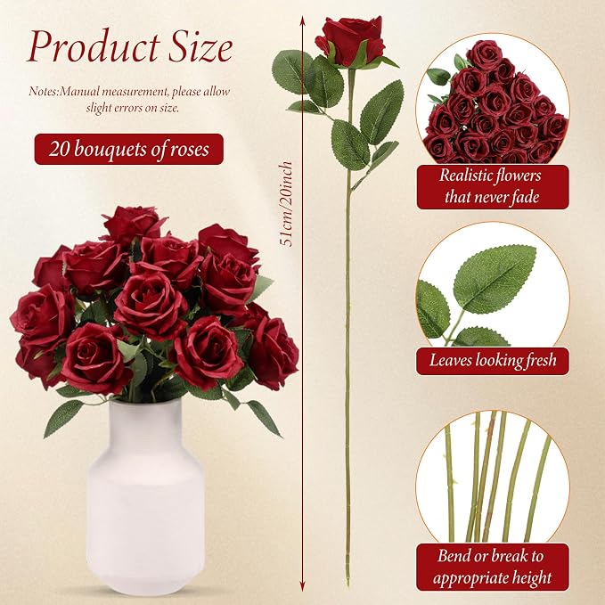 Hotop 20 Pcs Artificial Rose Flowers with Long Stem, Real Lifelike Silk Realistic Plastic Bouquet Roses Bulk for Home Decor Bridal Wedding Party Table Centerpieces Decorations(Wine Red)