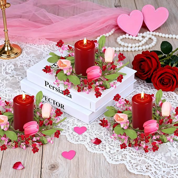 6 PCS 9" Mini Valentine's Day Wreath for Front Door Valentine Kitchen Cabinet Wreath Artificial Tulip Small Wreath with Forsythia Flowers Lavender Green Leaf Ribbon for Wedding Window Home Wall Decor