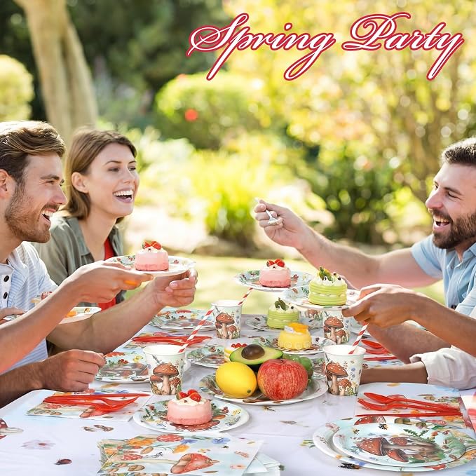 Funnymoom 452 Pcs Mushroom Party Decorations for 50 Guests, Red Watercolor Mushroom Paper Plates Napkins Cups Tablecloth Cutlery Straws for Fairy Tale Birthday Baby Shower Party Supplies