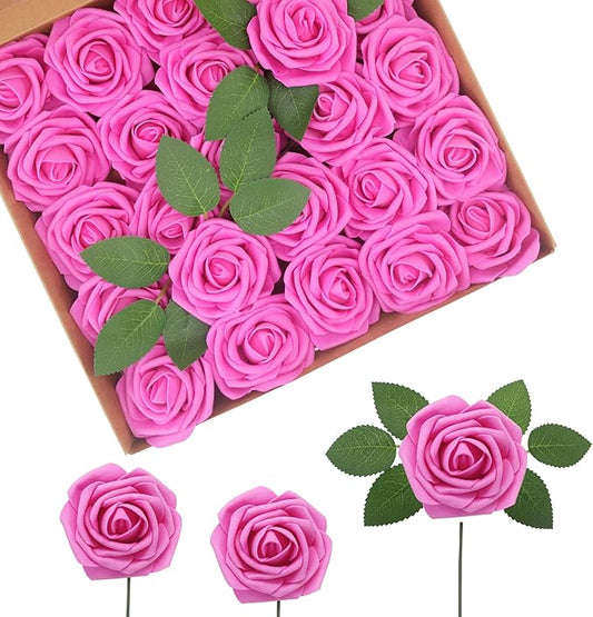JOYLEX 100PCS Hot Pink Artificial Flowers Realistic Roses, Real Looking Fake Roses with Stem for DIY Wedding Bouquets Centerpieces Bridal Shower Party Home Romantic Decorations (Hot Pink, 100pcs)