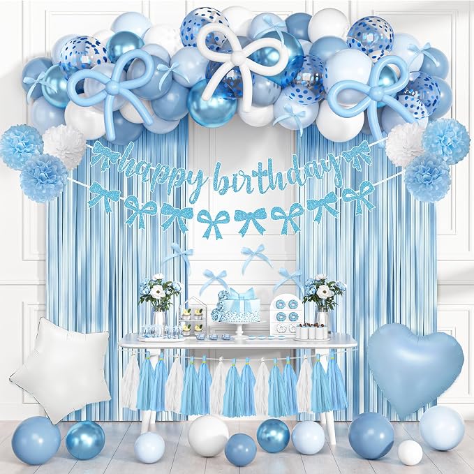 Light Blue Bow Birthday Party Decorations, Coquette Bow Blue and White Confetti Long Balloons Happy Birthday Banner Fringe Curtain Tassel Pompoms For Women Girls Theme Baby Shower Party Decorations