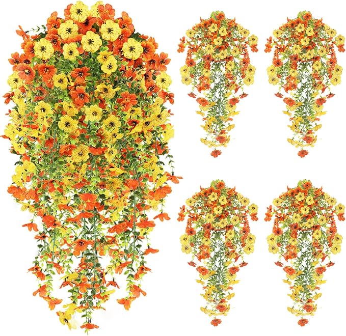 4PCS Artificial Hanging Flowers for Outdoors Summer Decoration, Upgrade UV Resistant Faux Silk Hanging Plants for Outside Home Planter Porch Patio Decor (Orange&Yellow)