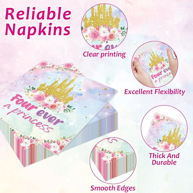 96Pcs Princess Birthday Party Supplies Four Ever a Princess Plate and Napkin Watercolor Pastel Rainbow Castle 4th Birthday Paper Dinner Plate Fairytale Party Tableware Dinnerware Set for Girl Serve 24