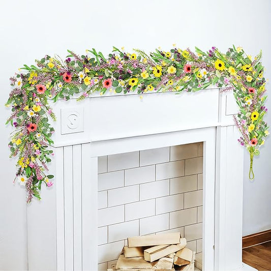 6 ft Spring Artificial Wildflower Garland Wisteria Lavender Garland Daisy and Lavender Faux Floral Vine Summer Floral Fake Wreath for Mantle Year Round Home Decor for Indoor Outdoor Home Wedding Arch