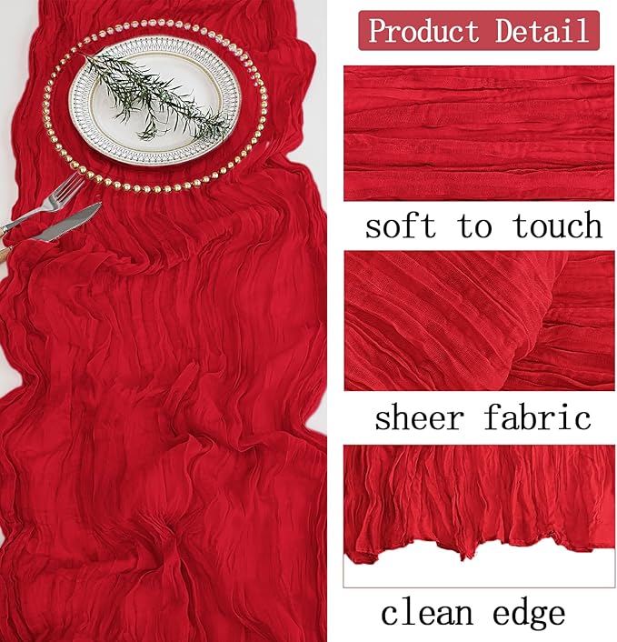 6 Pack Red Cheesecloth Table Runner 20 x 120 inch Gauze Table Runners 10 FT Long,Semi Sheer Boho Cheese Cloth Fabric Table Runner Bulk for Party,Wedding,Baby Shower,Bridal Shower Decoration