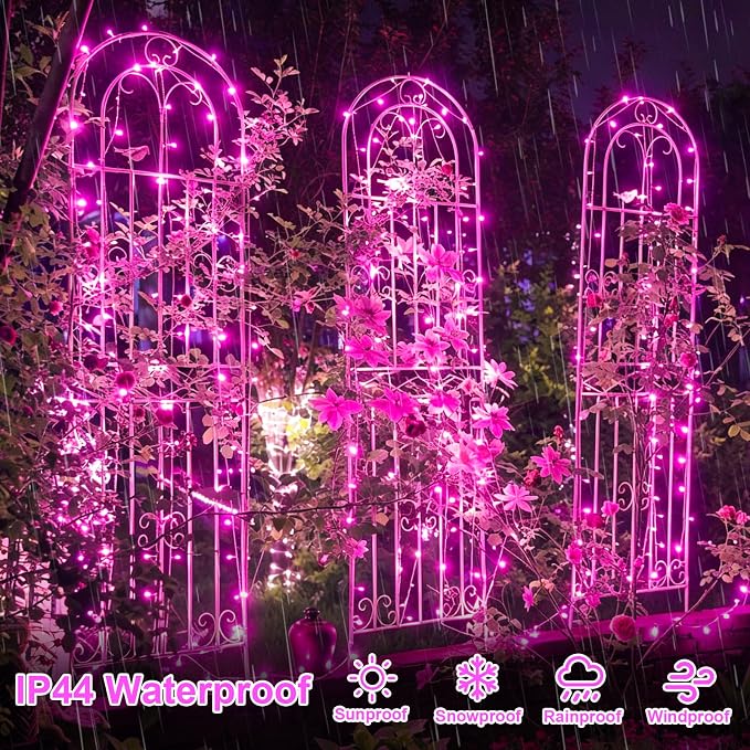 YEGUO Battery Operated String Lights, 2 Pack Each 33ft 100 LED Twinkle Fairy Lights Outdoor Waterproof, 8 Modes Clear Wire Pink Christmas Lights Indoor with Remote