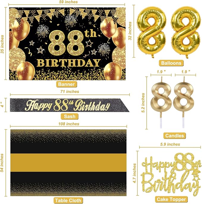 88th Birthday Decorations Men Women with 88th Birthday Banner, Black and Gold Table Cloth, Number Balloons, Sash, Cake Topper and Candles