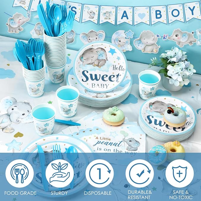 405 Pcs Blue Elephant Theme Baby Shower Decorations, It's a Boy Theme Baby Shower Tableware Set Plates Napkins Cup Cutlery, Elephant Party Supplies with Tablecloth Banner, Serves 50 Guests