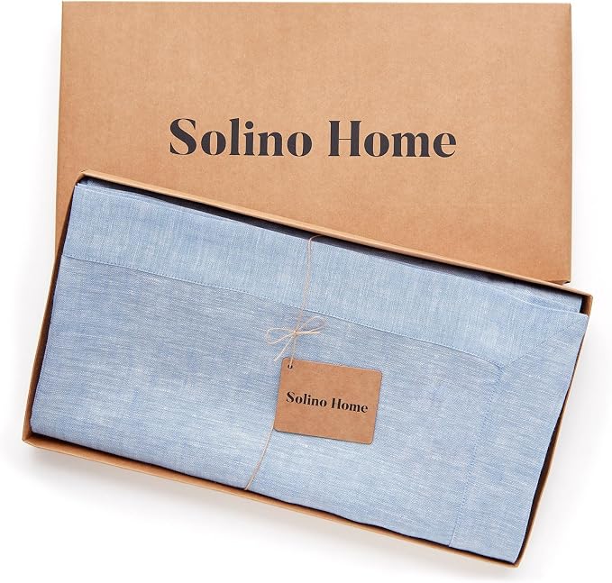 Solino Home Linen Tablecloth 60 x 108 Inch - 100% Pure Linen Chambray Blue Table Cloth for Rectangle Tables - Athena, Machine Washable Tablecloth for Summer