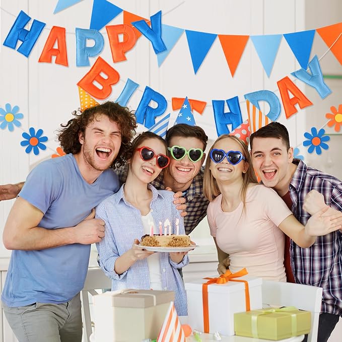 YEOCU Happy Birthday Decorations, No DIY, Pre-Strung 3D Banner | Blue & Orange, 3D felt banner, flower garland & flags. No DIY, reusable for kids & women.