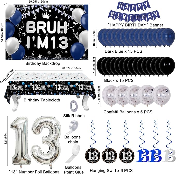 13th Birthday Decorations for Boys & Girls, 54 PCS Blue Black Party Decorations, 13 Year Old Boy Birthday Party Supplie with Banner Backdrop, Hanging Swirls, Tablecloth, Bruh I'm 13 Party Supplies