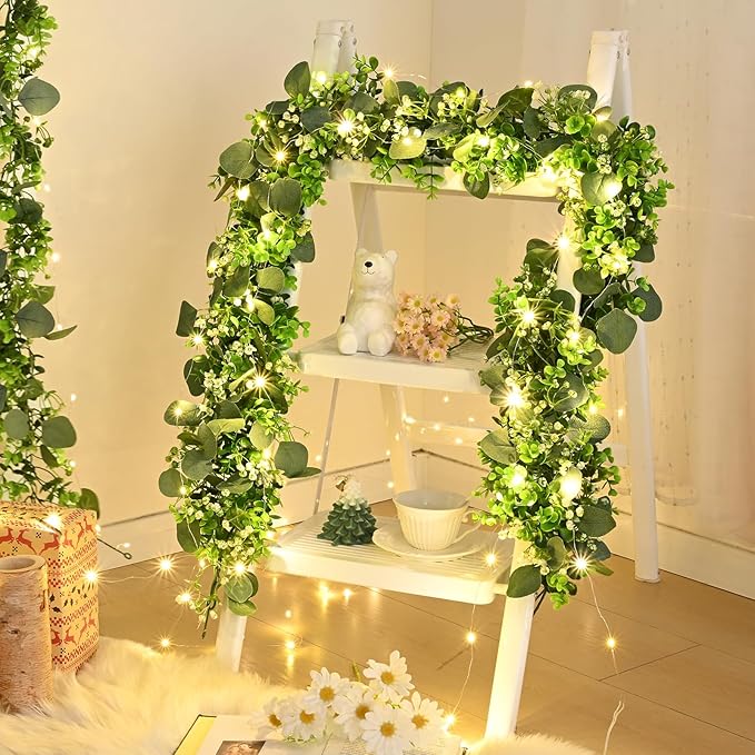 8Pcs Eucalyptus Garland with Lights, Greenery Garland, Green Garland with Flowers, 5.9FT Artificial Faux Eucalyptus Leaves Vines for Table Mantle Home Wedding Party Indoor Outdoor Decor（2 Long Lights）